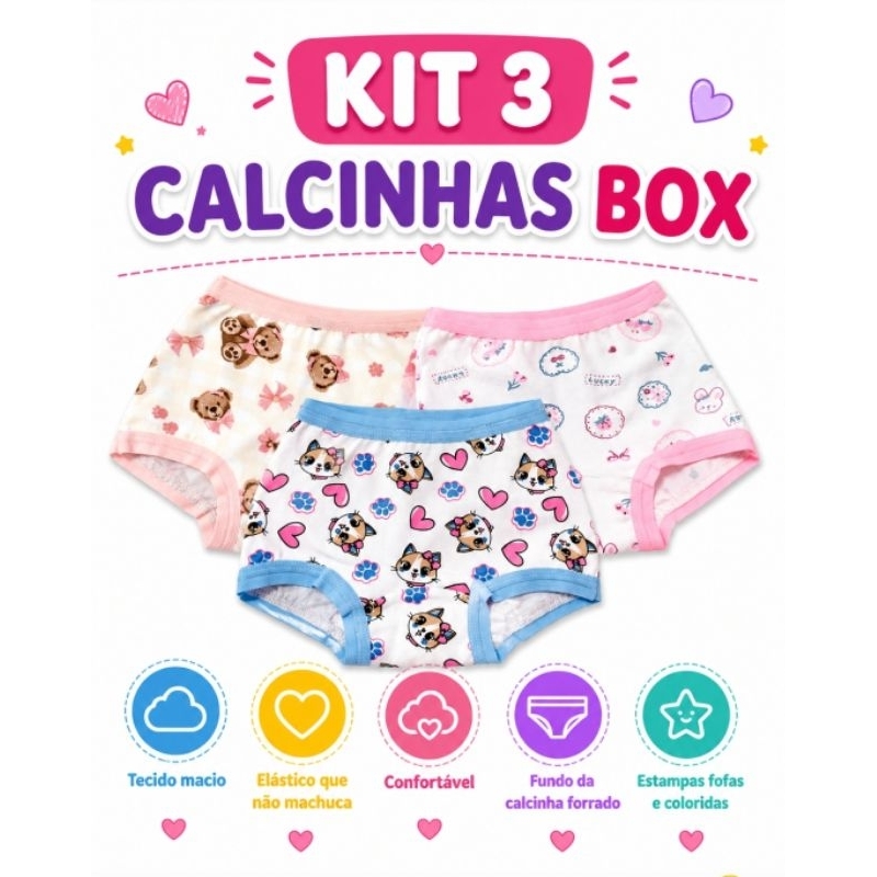 kit 03 Calcinhas box shortinho infantil menina confortável algodão estampada