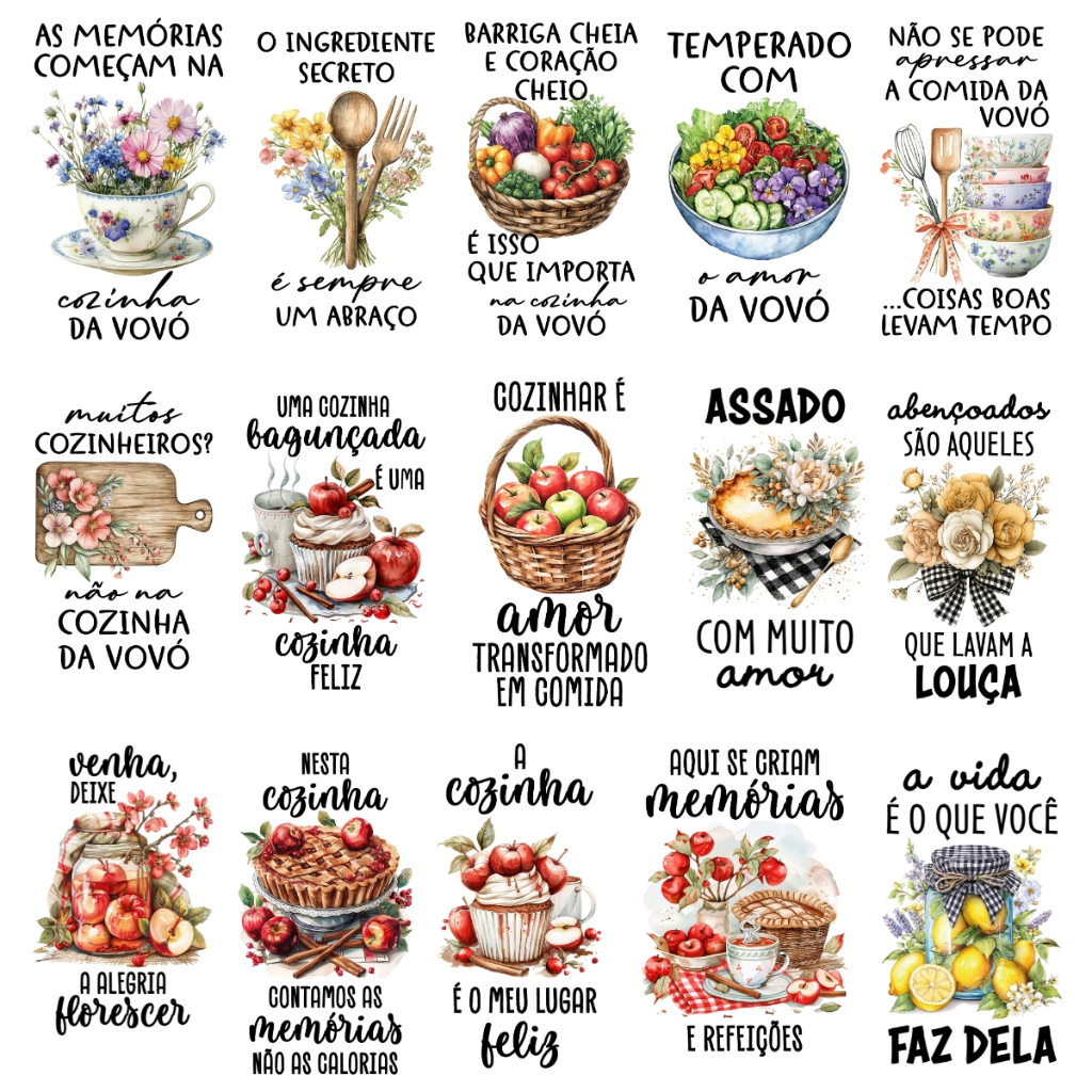 DTF Adesivo Transfer Termocolante Imagem Téxtil Frases Flores Doces Maçã Cozinha Maria Flor Tecidos