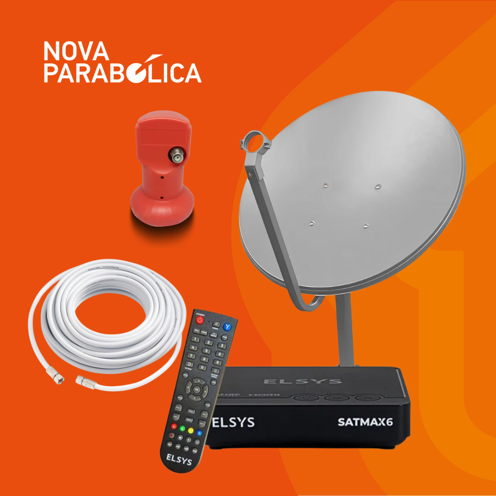 Kit Nova Parabólica, Receptor Elsys Satmax + Antena Ku + Lnbf Simples + Cabo 15 metros + 2 Conectores