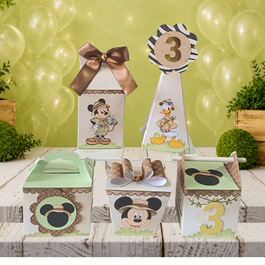 KIT CAIXINHAS PERSONALIZADAS SAFARI DO MICKEY LEMBRANCINHA DE FESTA INFANTIL/ANIVERSÁRIO/PEGUE E MONTE