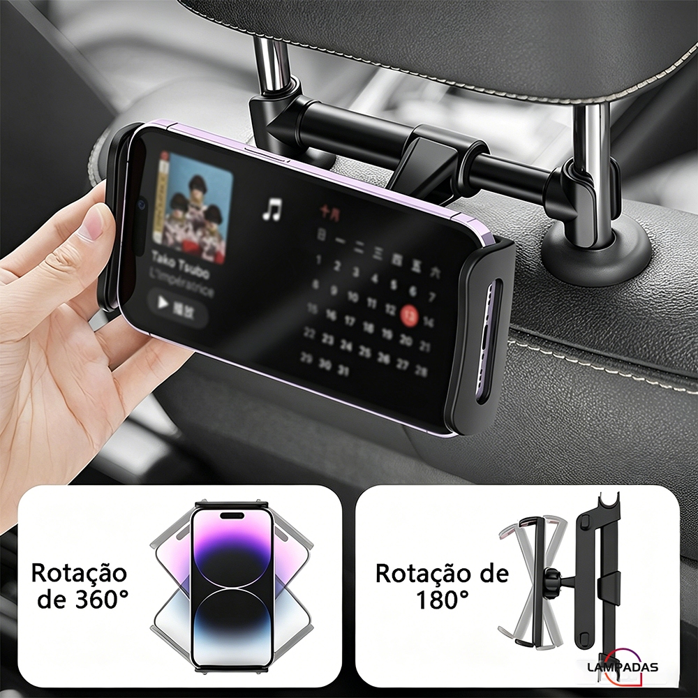 Suporte Veicular Para Celular Tablet Banco Traseiro 360 Graus Giratória Extensível E Dobrável Fácil Instalação