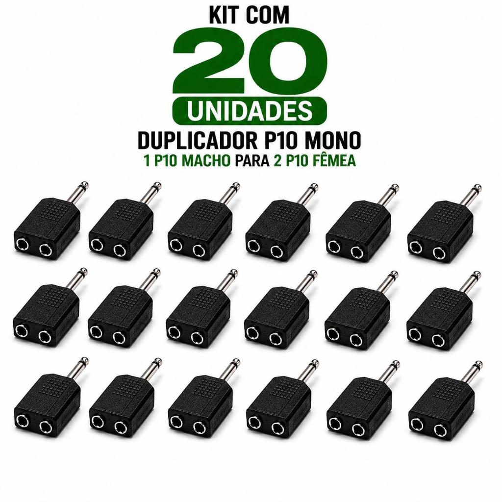 Kit 20 Adaptadores Duplicador P10 Mono Macho Para 2 P10 Fêmea Áudio Mesa Som Amplificador Atacado