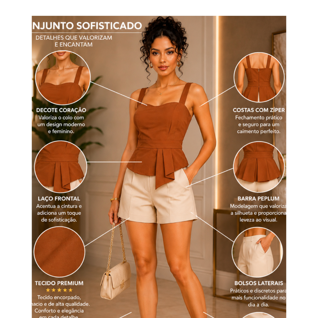 Blusa Peplum Feminina Elegante com Decote Coração e Laço Frontal | Moda Social Premium 2026