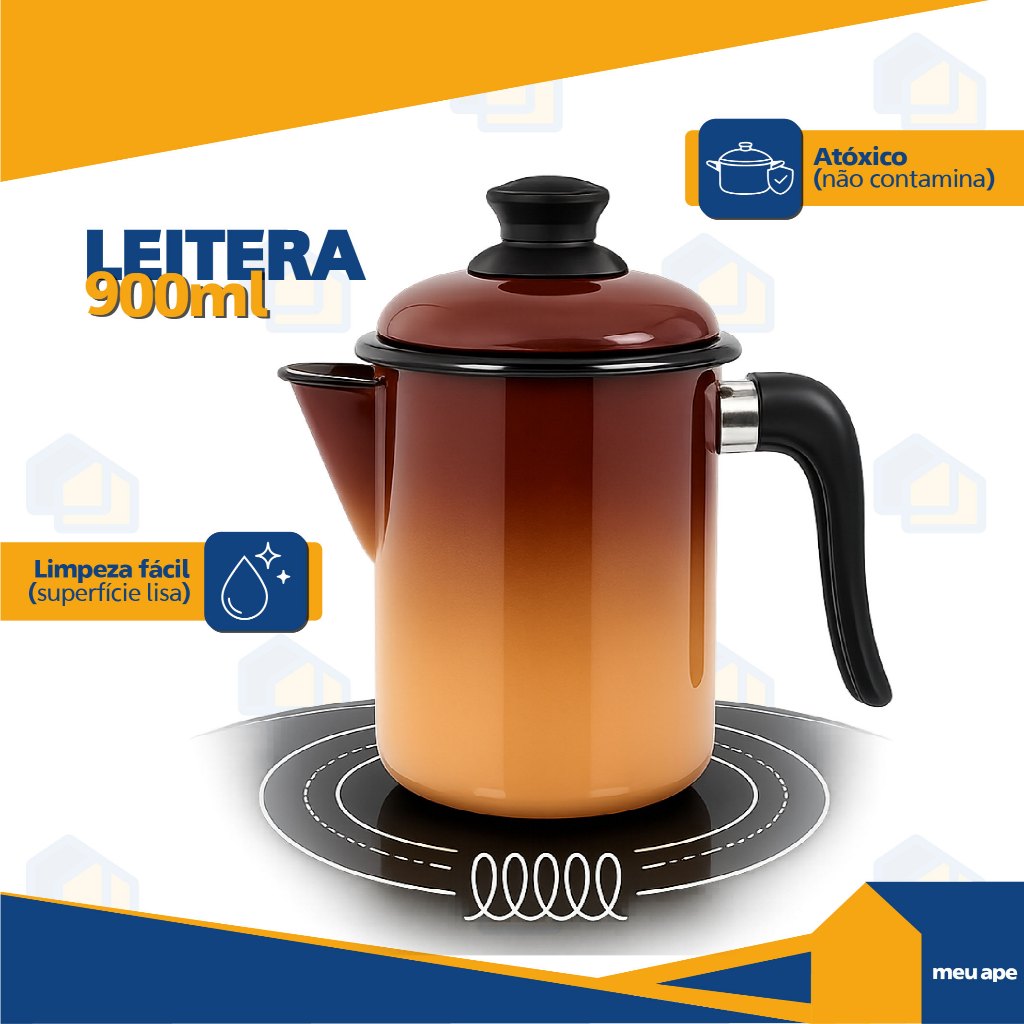 Bule Leiteira Esmaltada 900ML Original Ewel C/ Tampa e Bico Fogão Indução Elétrico Lenha — imagem 2 de 2