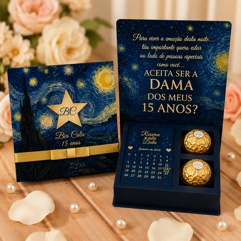 Convite 15 Anos Dama Príncipe Cavalheiro Caixa Convite Personalizada para 2 Bombons Tema Noite Estrelada
