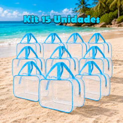Kit 15 Unidades Necessaire Azul Transparente Porta Protetor Solar Cosméticos Higiene Viagem Piscina