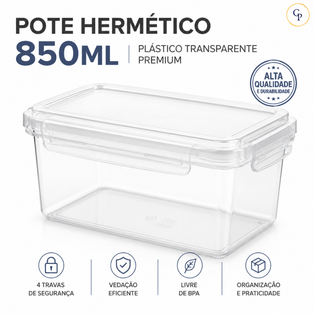 Pote Hermético 850ml Transparente 4 Travas Empilhável Organizador Mantimentos Cozinha Plástico