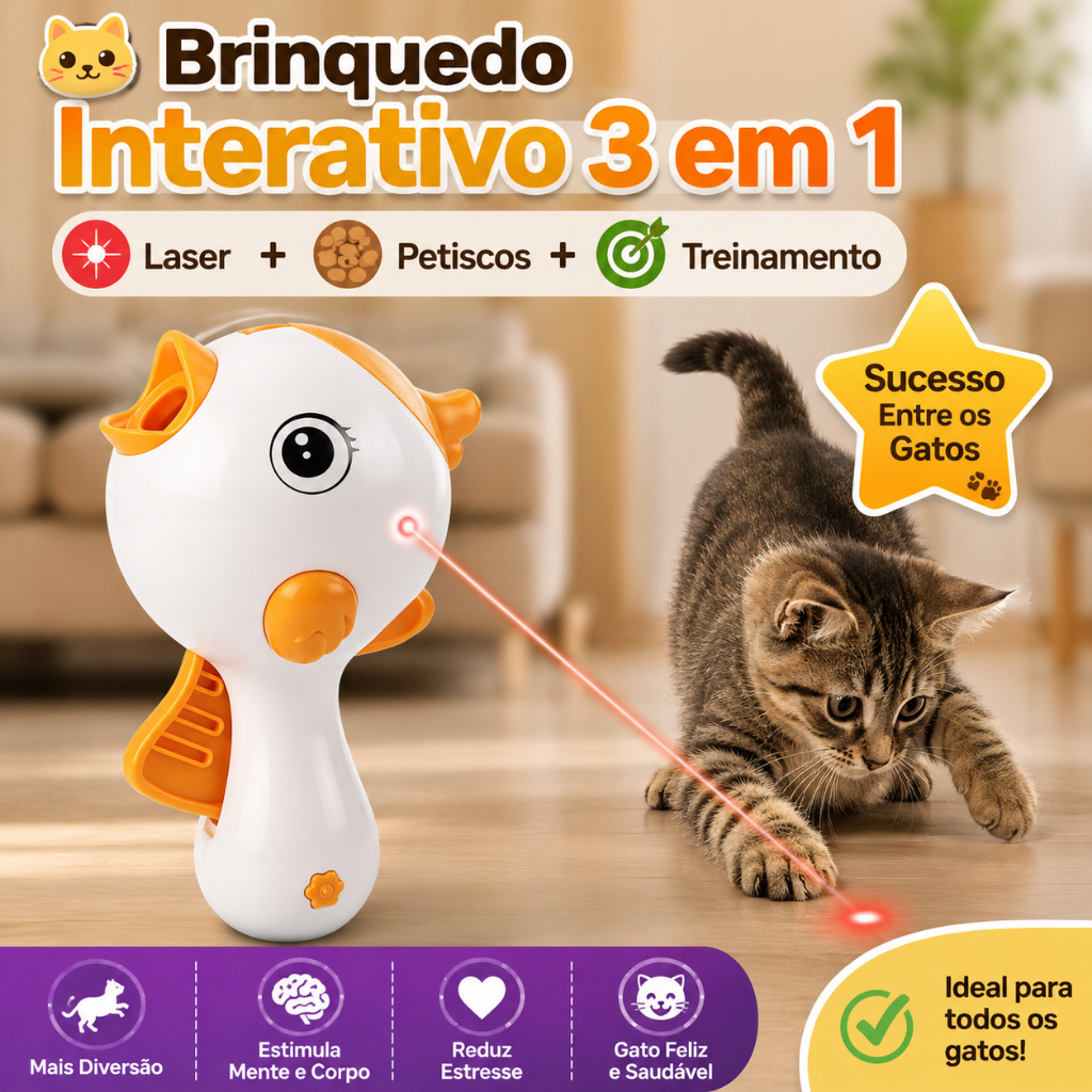 Brinquedo Interativo 3 em 1 Para Gatos Laser Automático Lançador de Petiscos Treinamento Inteligente Anti Tédio