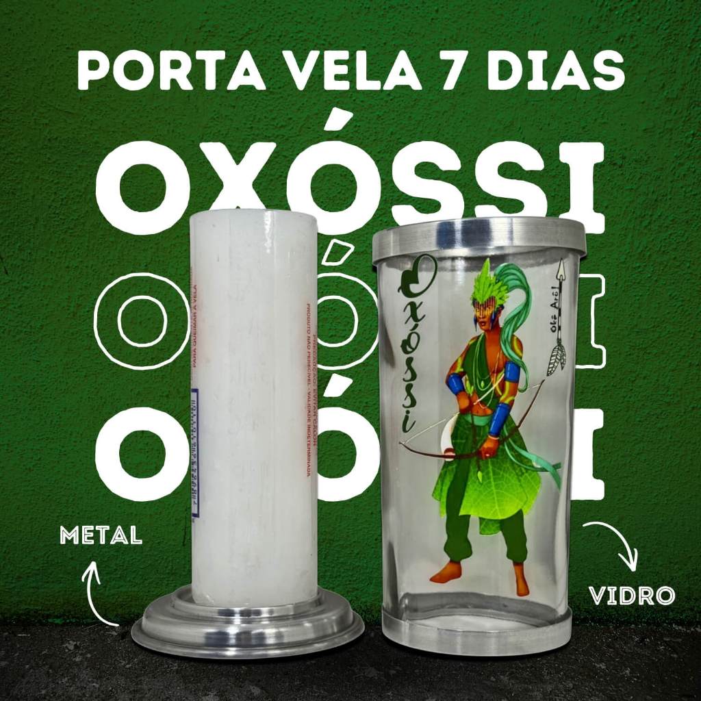 Suporte Protetor De Vela 7 Dias Base De Alumínio Copo Em Vidro Estampa De Orixá Oxóssi Com 1 Vela