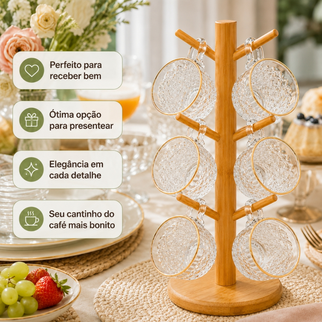 Xícara de Café Chá 6 Peças de Vidro 90ml e 230ml Sofisticado Kit Conjunto