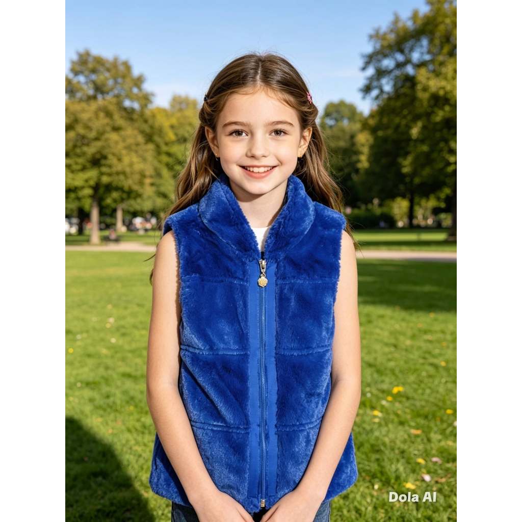 Colete Infantil Feminino, Modelo Regata, Pele Sintética Pelinho, Cor: Azul Caneta, Tam: 8, Marca: Dmbauer