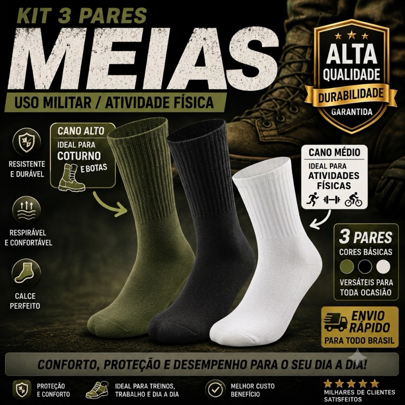 Kit com 03 Meias (VO, Preta e Branca) Premium Militar TFM/Coturno Tática