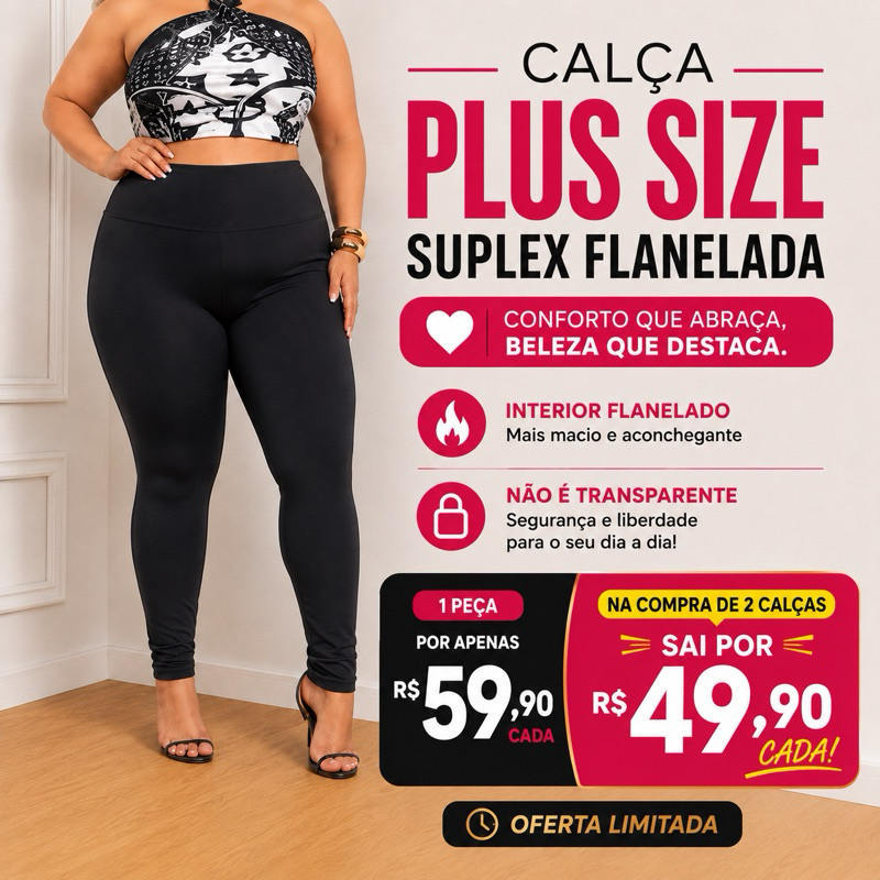 Calça Legging Plus Size Suplex Flanelada Cintura Alta Não Transparente Academia Fitness