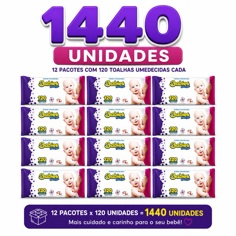 CAIXA 1440 unidades Pack 12 Pacotes Toalhas Umedecida Babies Extra Care 1440 unidades (120un por pacote)