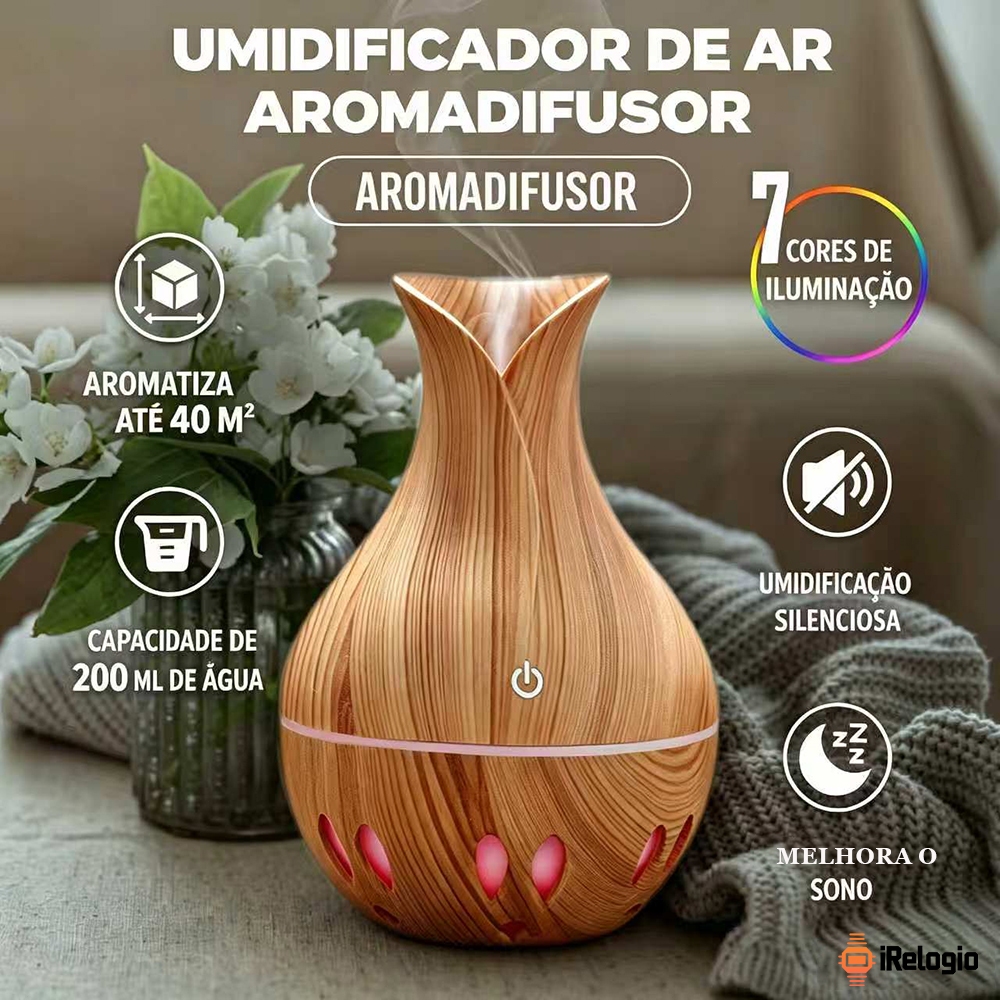 Umidificador De Ar E Aromatizador Ultrassonico USB Madeira Purificador De Aromas Com Luz LED