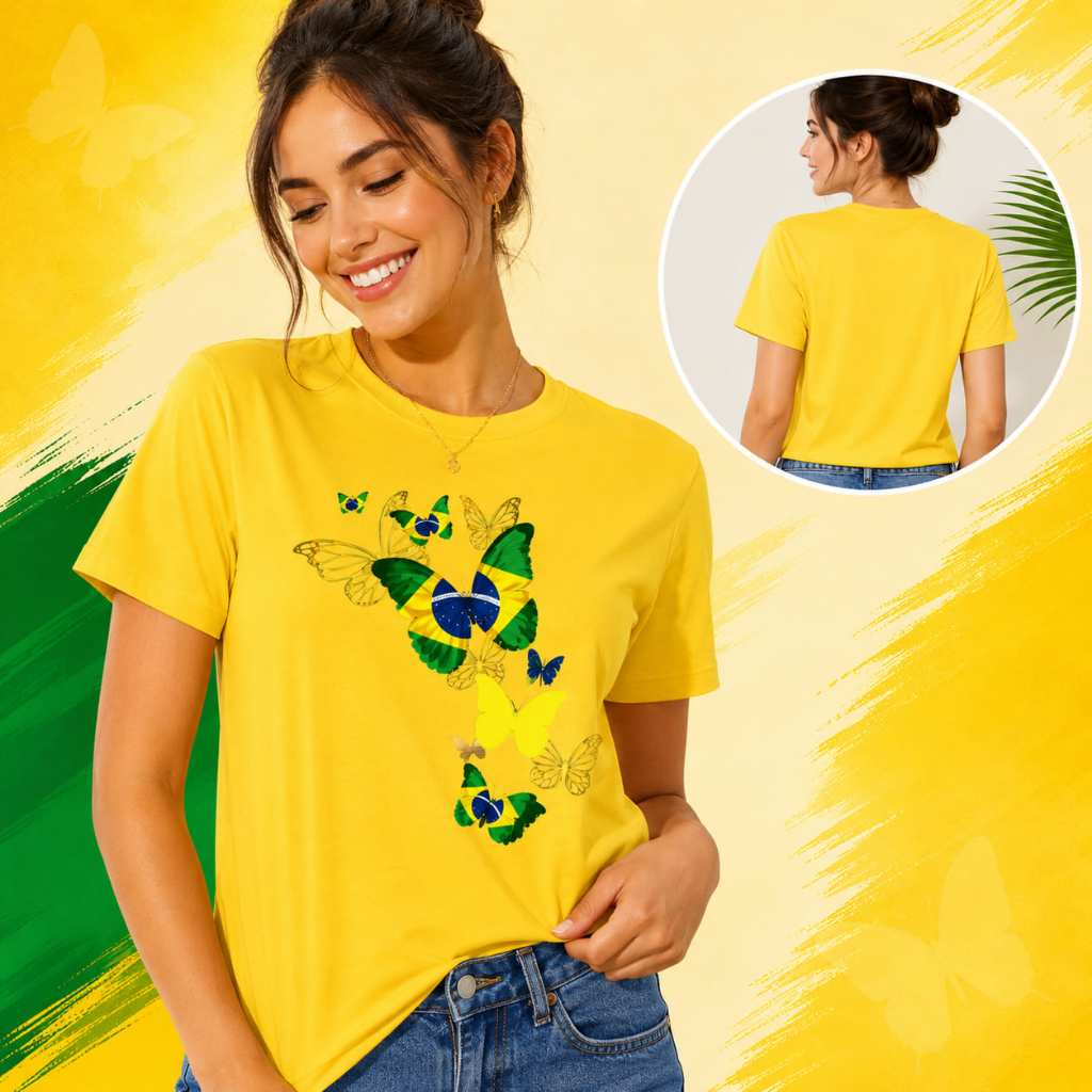 Camiseta Feminina Borboleta Brasil 100% Algodão Copa do Mundo