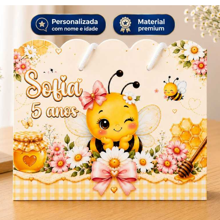 Sacolinha Personalizada Abelhinha Abelha com Nome e Idade | Lembrancinha de Aniversário