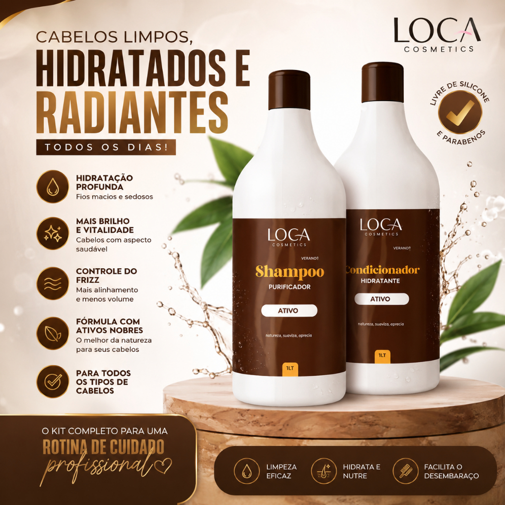 Kit Shampoo + Condicionador Hidratante LOCA Cosmetics – Purificação e Brilho Intenso