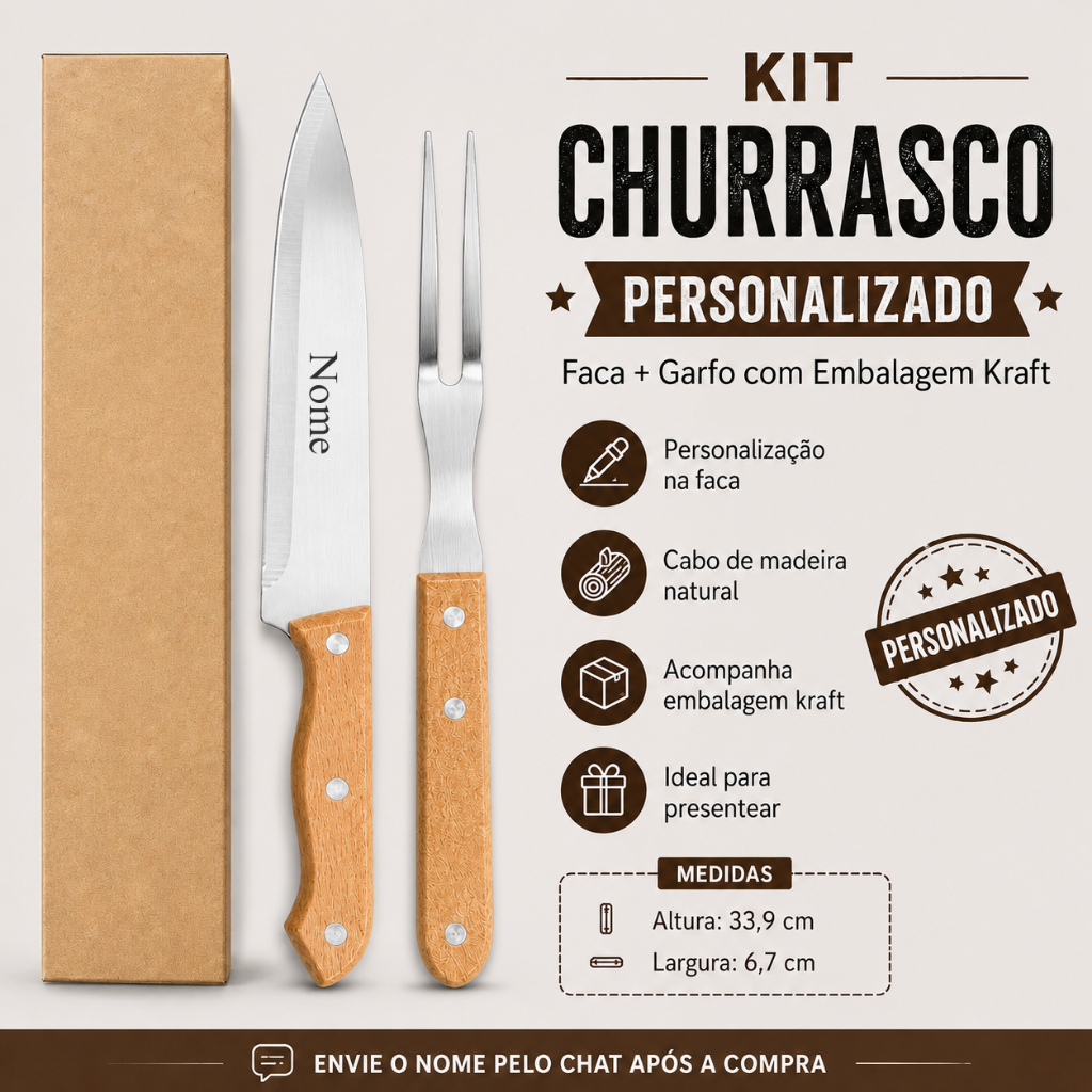 Kit Churrasco Personalizado 2 Peças Faca Nome + Caixa Kraft  Presente Aniversário Dia Dos Pais