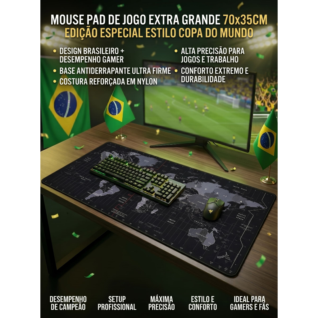 MousePad MAPA COPA DO MUNDO BRASIL Gamer 70x35cm Extra Grande Antiderrapante Costura Nylon