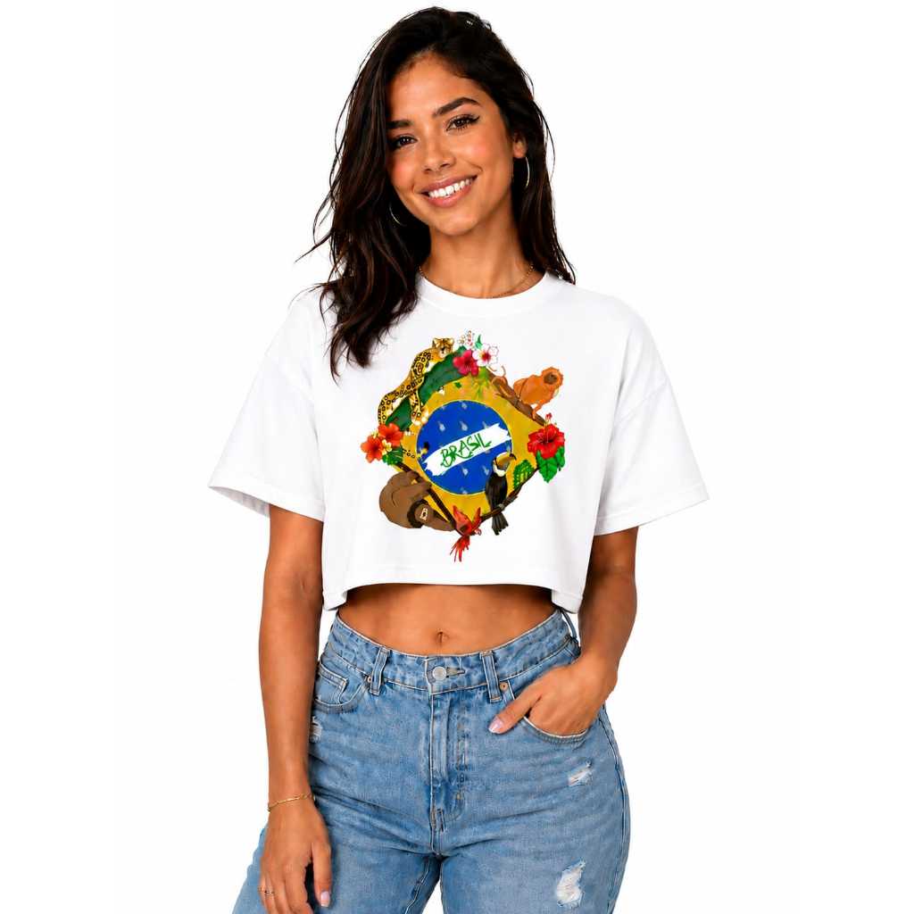 Cropped Feminino Brasil Floral Camiseta Cropped Estampada 100% Algodão ENVIO IMEDIATO
