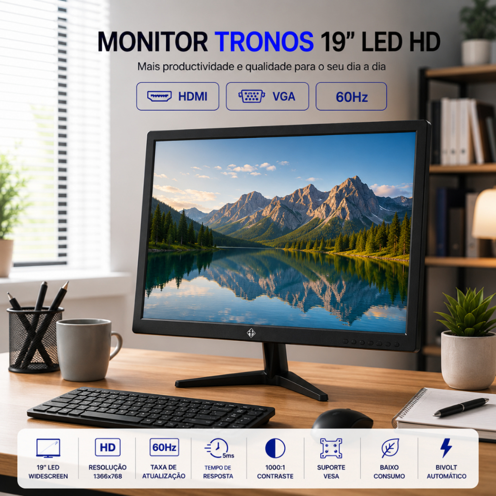 Monitor Tronos 19" LED HD HDMI VGA 60Hz VESA Bivolt Para PC Escritório Home Office