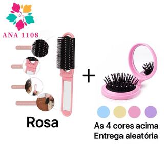 ANA1108 Mini Escova+Escova com Espelho e Cabelo Dobravel e Bolsa Macia Profissional Espel…