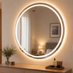 Espelho Jateado Redondo Grande com 3 Cores LED Touch Lapidado Decoração de Parede 60X60 CM