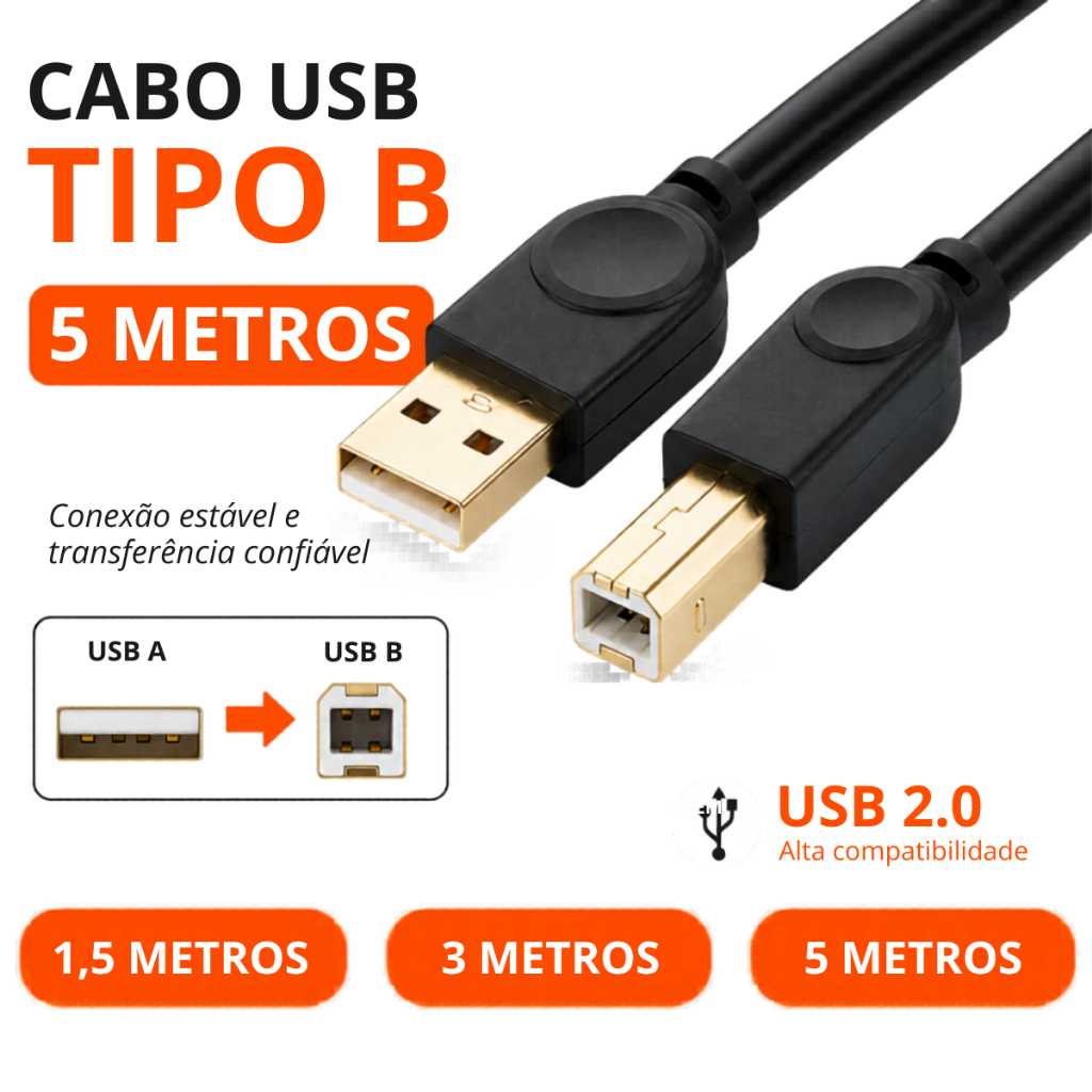 Cabo USB Tipo B com 5 metros para Impressora Scanner Multifuncional Teclado Pian