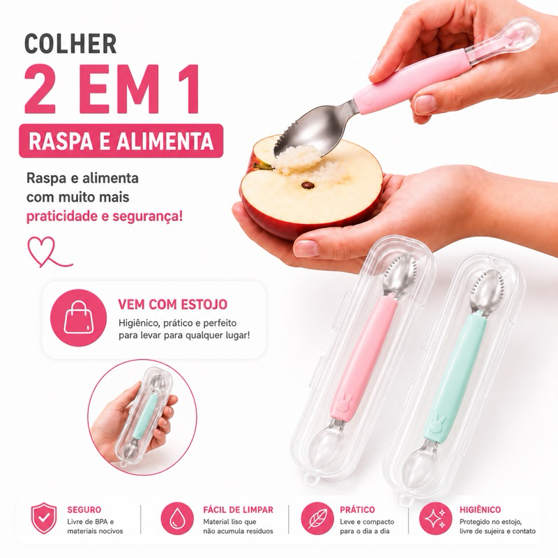 Colher 2 em 1 com Função de Raspa Frutinhas e Colher de Silicone Macio c/ Estojo Alimentação do Bebê