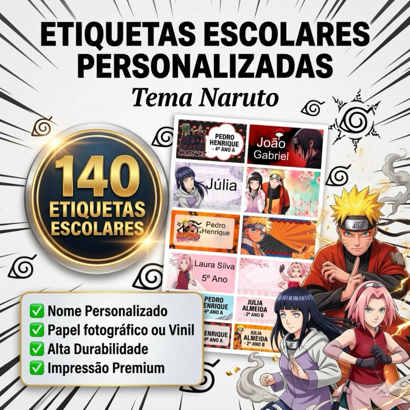 Etiqueta Adesiva Personalizada Escolar - Naruto e Outros Kit 140 Adesivos Volta As Aulas