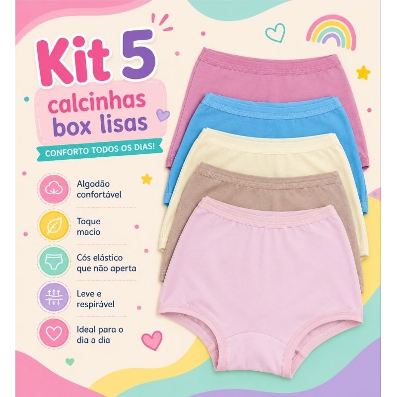 Kit 5 CALCINHAS BOXER (LISAS) confortável menina algodão infantil