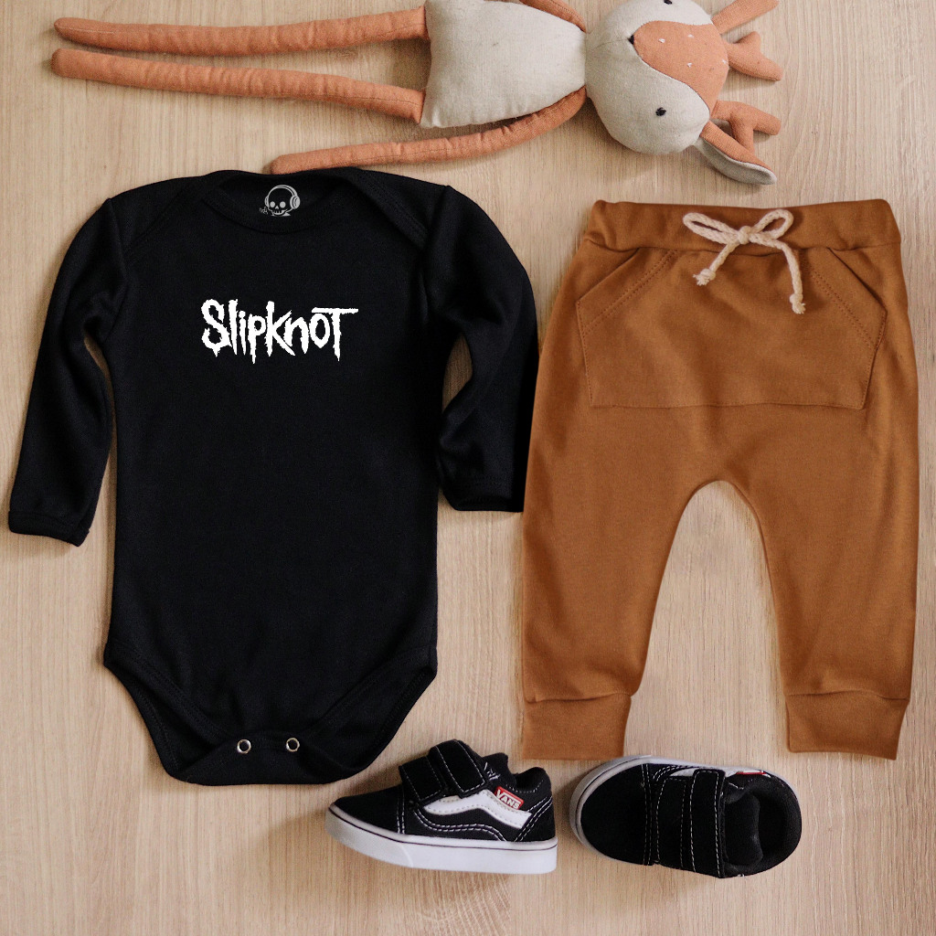 Conjunto Body Manga Longa e Calça Saruel Caramelo de Rock Bebê Slipknot 100% Algodão