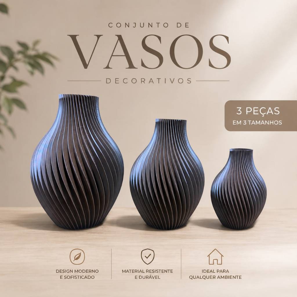 Vasos Decorativos Impressão 3D Kit Trio para Ambientes Sofisticados
