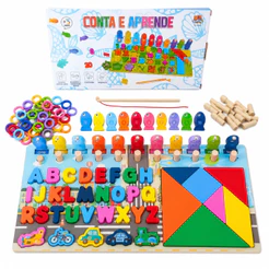 Brinquedo Madeira Educativo de Empilhar Formas Letras Crianças Pescaria Números Somar