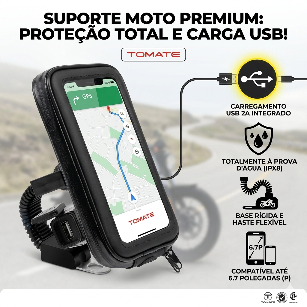 Suporte Impermeável para Celular Moto Bike 6,7" com USB 2A Rotação 360° MTG-016M