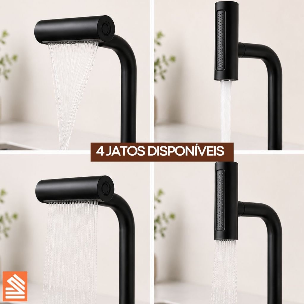 Torneira Cascata Com rotação 360° Extensível- 4 funções em 1-Bico de Alta Pressão Envio Imediato- Preto Fosco- De Parede