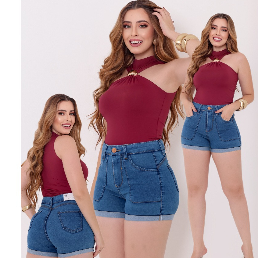 Short Jeans Feminino Com Bolso Frente Cintura Alta Com Elastano Lycra Barra Dobrada