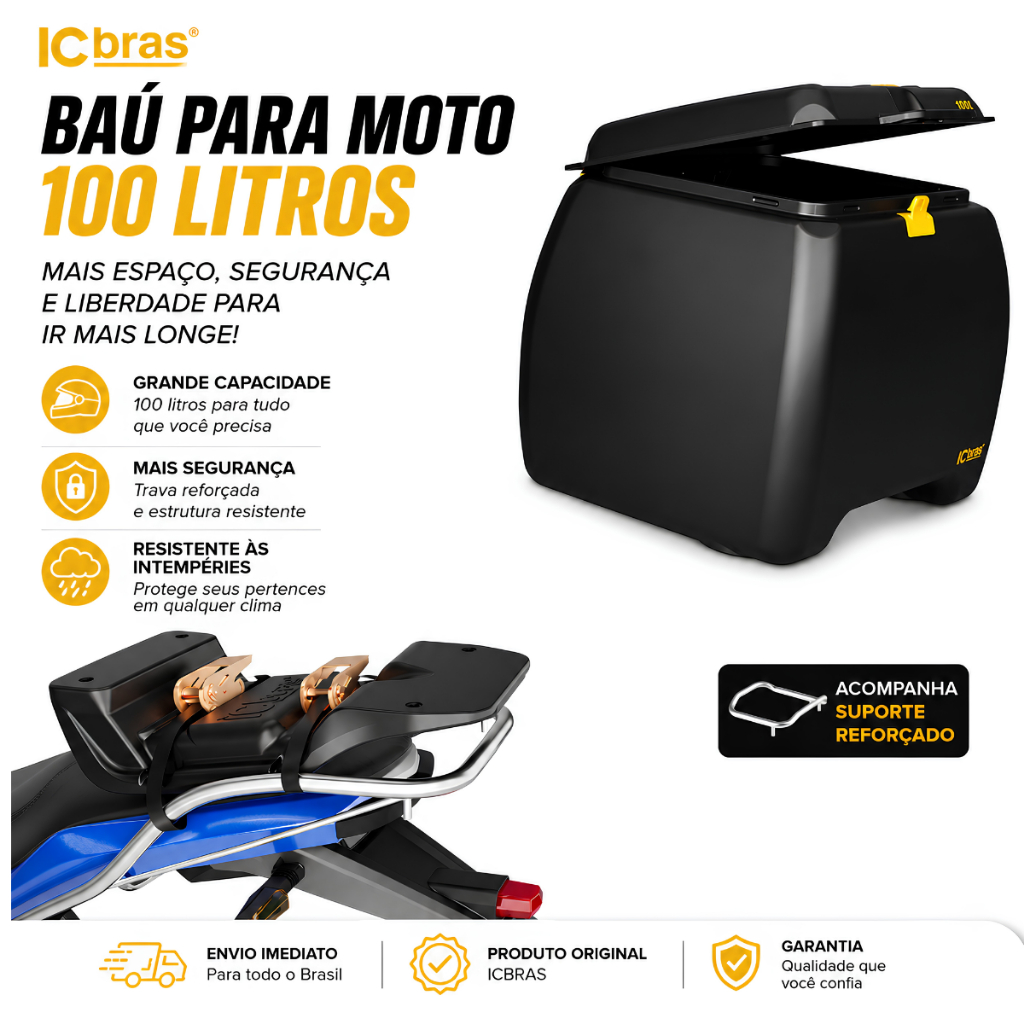 Baú 100 Litros Com Suporte Universal Para Moto Caixa ICBRAS Delivery Entrega Oferta