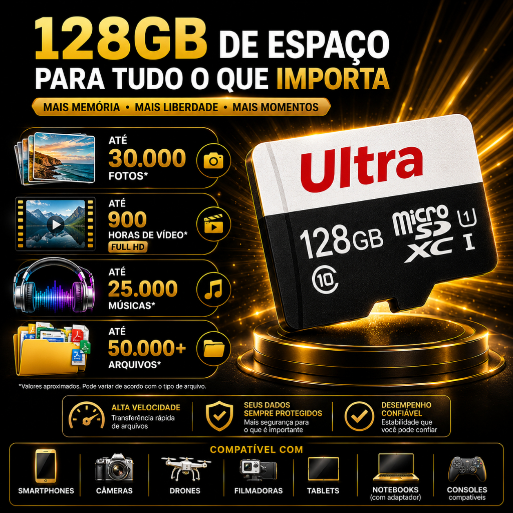 Cartão de Memória Micro SD 128GB Classe 10 Alta Velocidade Para Celular Câmera Drone
