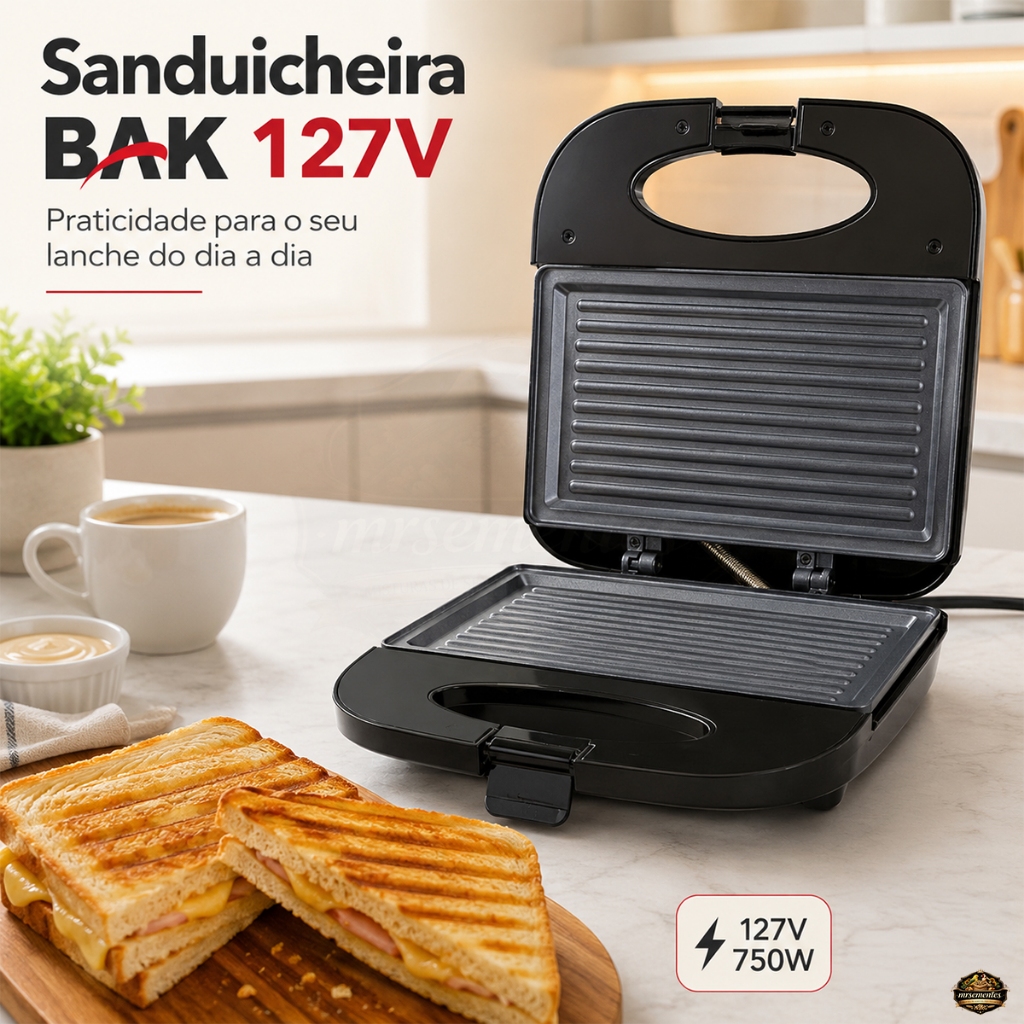 Sanduicheira Misteira Grill Elétrica 750W Chapa Dupla Antiaderente Trava Frontal 127V 220V