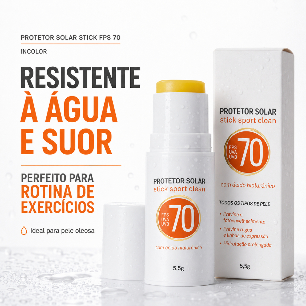 Protetor Solar Facial Stick FPS 70 Incolor Para Exercícios Pele Oleosa Água e Suor