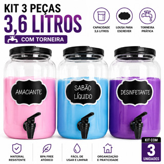 Kit 3 Porta Amaciante Sabão Em Pó Liquido 3,6 Litros Dispenser Com Lousa Para Escrever Organizador
