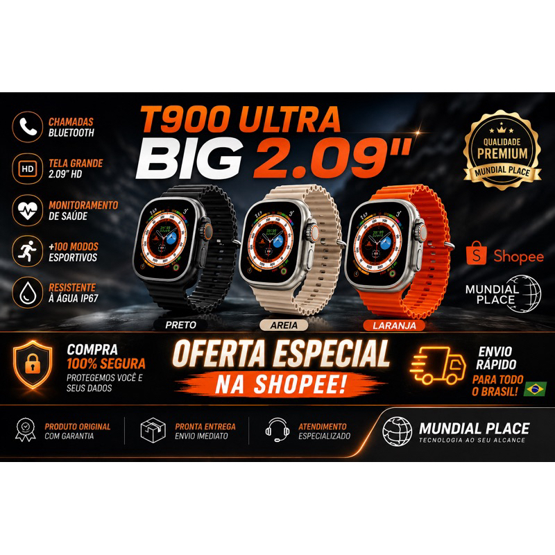 Smartwatch- T900 Ultra BIG 2,09” Tela Infinita Compatível iOS e Android