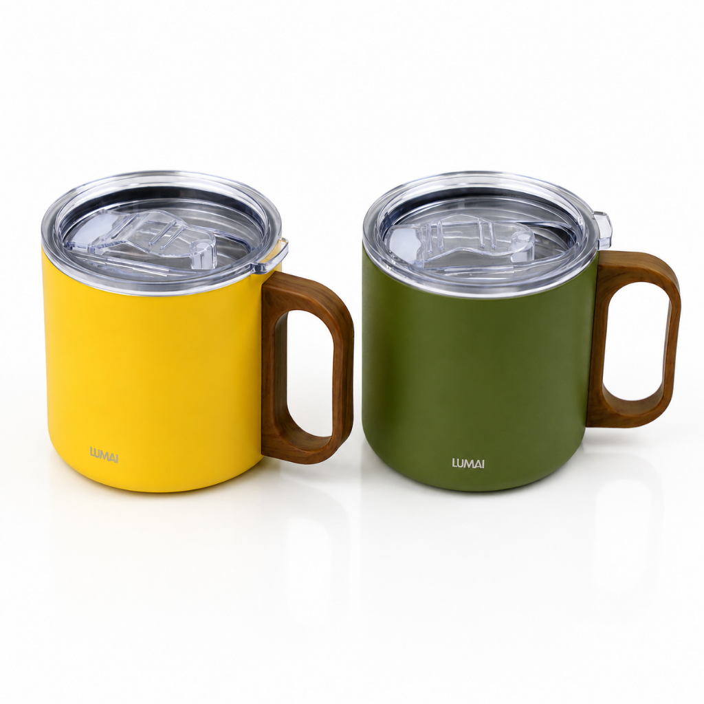 Lumai Kit 2 Canecas Térmicas 350ml Inox Parede Dupla Tampa Vedada Alça Madeira Café Chá