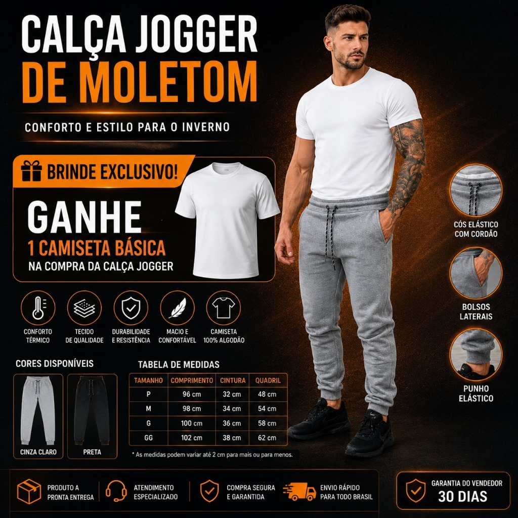 Calça Moletom Jogger Masculina + Camiseta Brinde Inverno  Academia Treino Corrida Caminhada Casual Confortável Premium