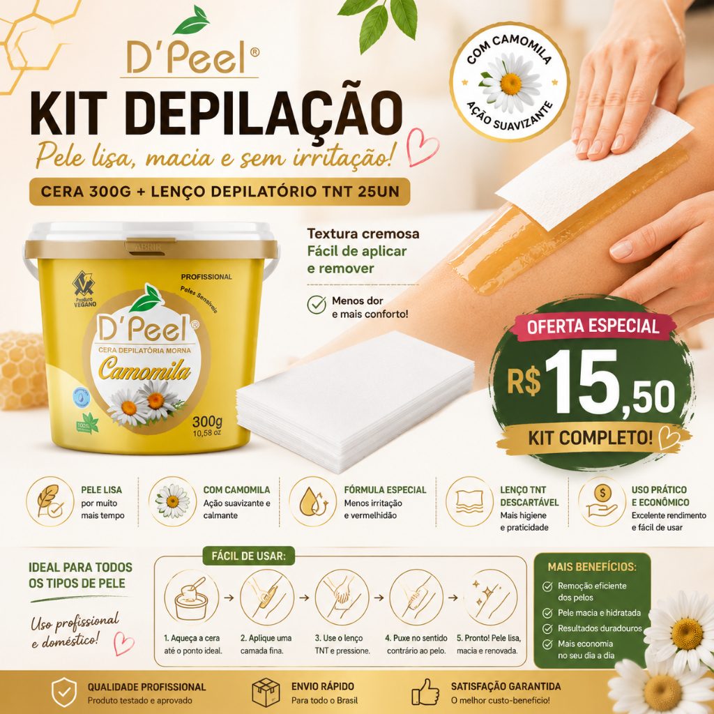 Kit Depilatório Cera Hidrossolúvel Camomila 300g + Lenço TNT 25un