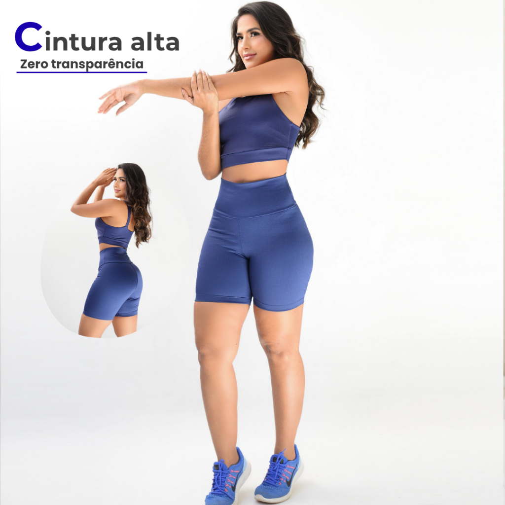 CONJUNTO SHORT  E TOP FITNESS FEMININO CINTURA ALTA ALTA COMPRESSÃO SUPLEX MODELADOR ZERO TRANSPARÊNCIA ACADEMIA