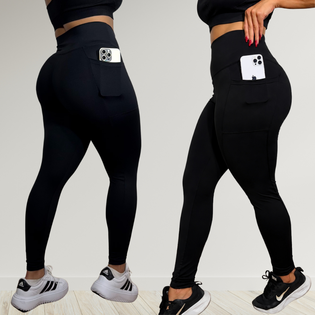 Calça Legging Feminina Fitness Cintura Alta Bolso Lateral Zero Transparência Suplex Cós Duplo