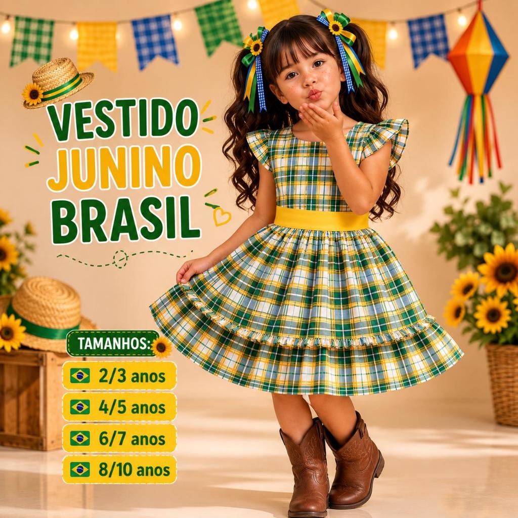 Vestido Infantil Brasil Junino Rodado Menina Festa Junina São João Leve Estampado
